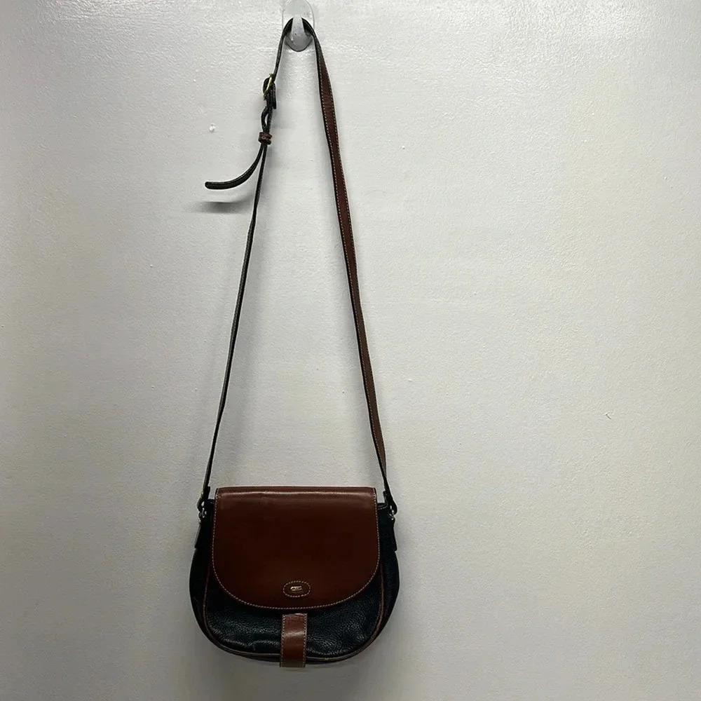 Bally Shoulder Bag Crossbody Strap Purse Pebbled Leather Brown Black Vintage